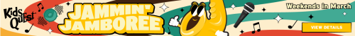 Cartoon saxophone with sunglasses and white gloves dances joyfully. The background features colorful swirls, music notes, and a microphone. Bold text reads "Jammin' Jamboree, Weekends in March." The mood is playful and energetic.