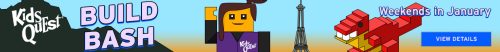 Cartoon character with brown ponytail beside Eiffel Tower and red dragon. Text reads "Kids Quest Build Bash" and "Weekends in January." Button: "View Details."