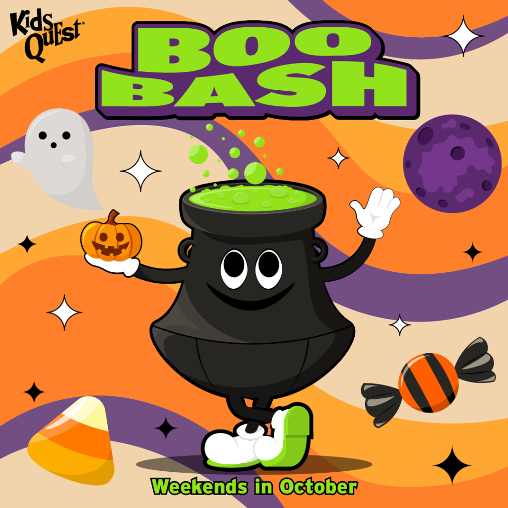 Cartoon cauldron with a smiling face holds a jack-o'-lantern and waves. Background features a ghost, candy, and the purple text "Boo Bash." Festive Halloween theme.