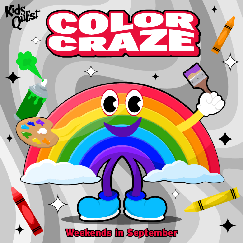 Cheerful rainbow character with eyes, a smile, and arms holds a paintbrush. Surrounded by art supplies, text reads "Color Craze," "Weekends in September."