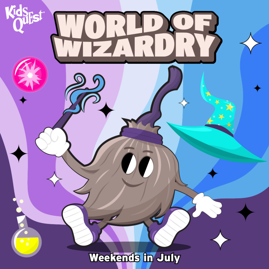 Cartoon broom with eyes and gloves waves a wand, surrounded by magical items and stars. Bold text reads "World of Wizardry, Weekends in July." Fun and whimsical.