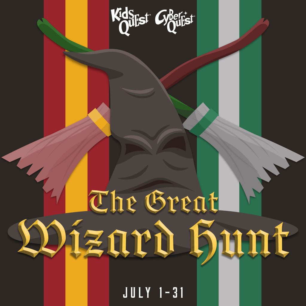 Illustration of a wizard's hat and two crossed brooms on striped red-yellow and green-white background. Text reads "The Great Wizard Hunt, July 1-31."