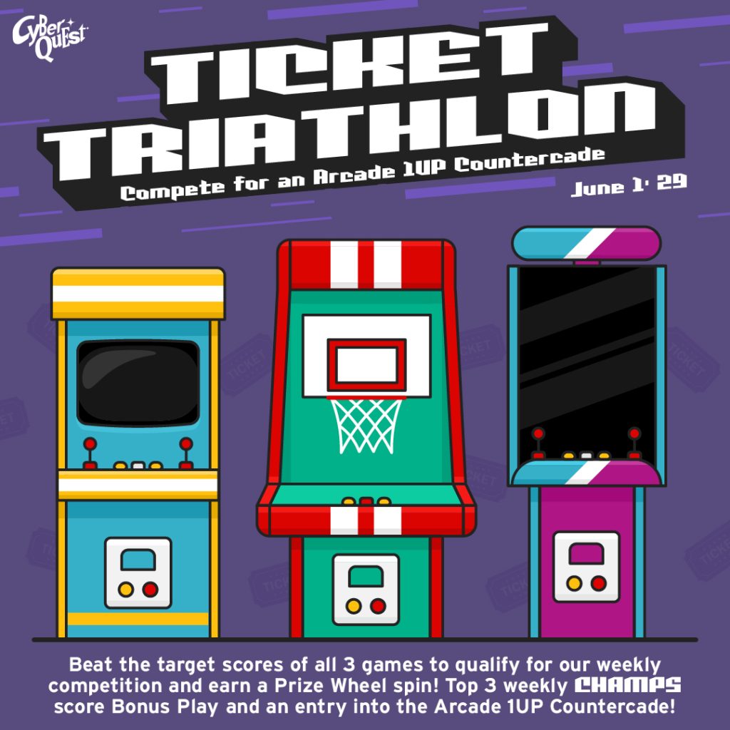 Promotional graphic for 'Ticket Triathlon' competition showing three colorful arcade machines on a purple background. Large bold text reads 'Compete for an Arcade 1UP Countercade.' Date shown: June 1-29. Bottom text explains competition details, mentioning top scores, weekly challenges, and prize incentives.
