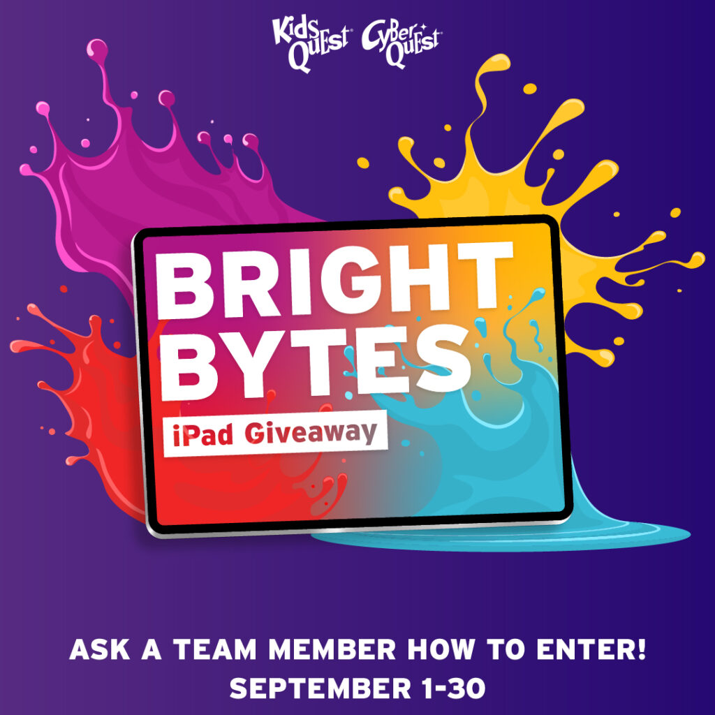 Bright Bytes iPad Giveaway graphic with colorful paint splashes, Kids Quest and Cyber Quest logos, and text: Ask a team member; Sept. 1–30.
