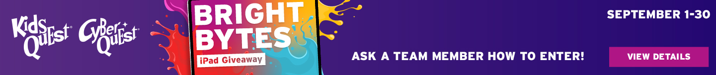 Bright Bytes iPad Giveaway graphic with colorful paint splashes, Kids Quest and Cyber Quest logos, and text: Ask a team member; Sept. 1–30.