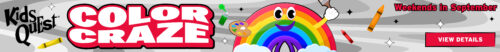 Cheerful rainbow character with eyes, a smile, and arms holds a paintbrush. Surrounded by art supplies, text reads "Color Craze," "Weekends in September."