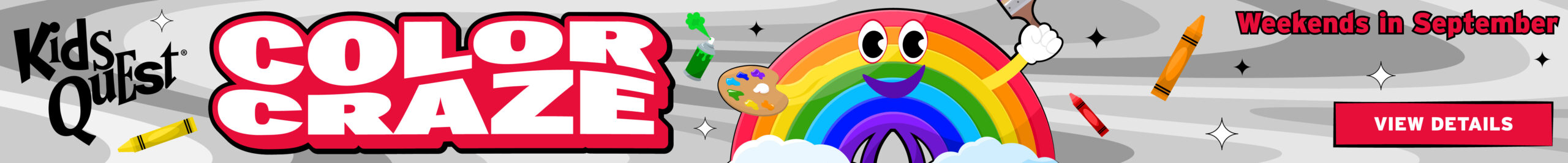 Cheerful rainbow character with eyes, a smile, and arms holds a paintbrush. Surrounded by art supplies, text reads "Color Craze," "Weekends in September."