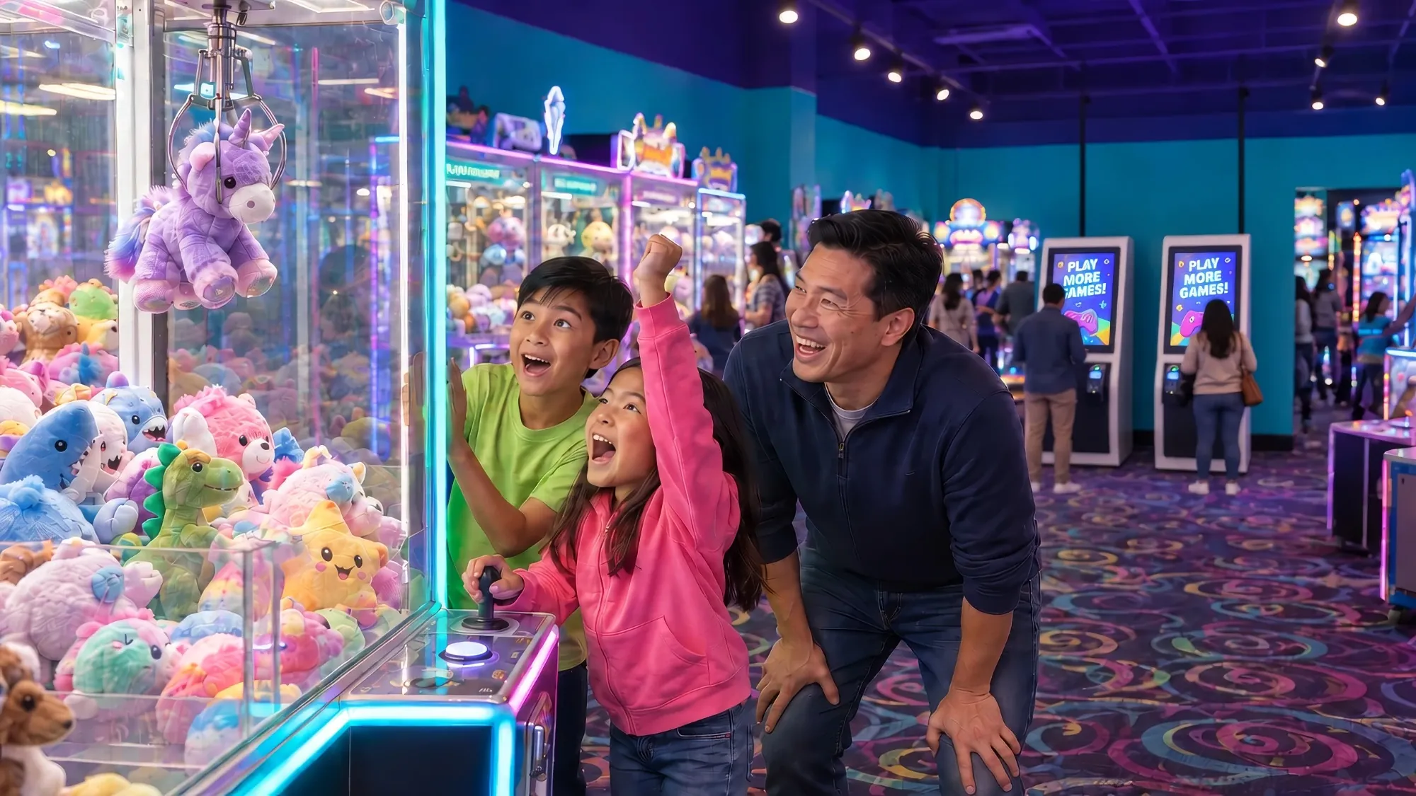 A girl cheers as the claw lifts a purple plush unicorn while her brother and dad celebrate at Cyber Quest