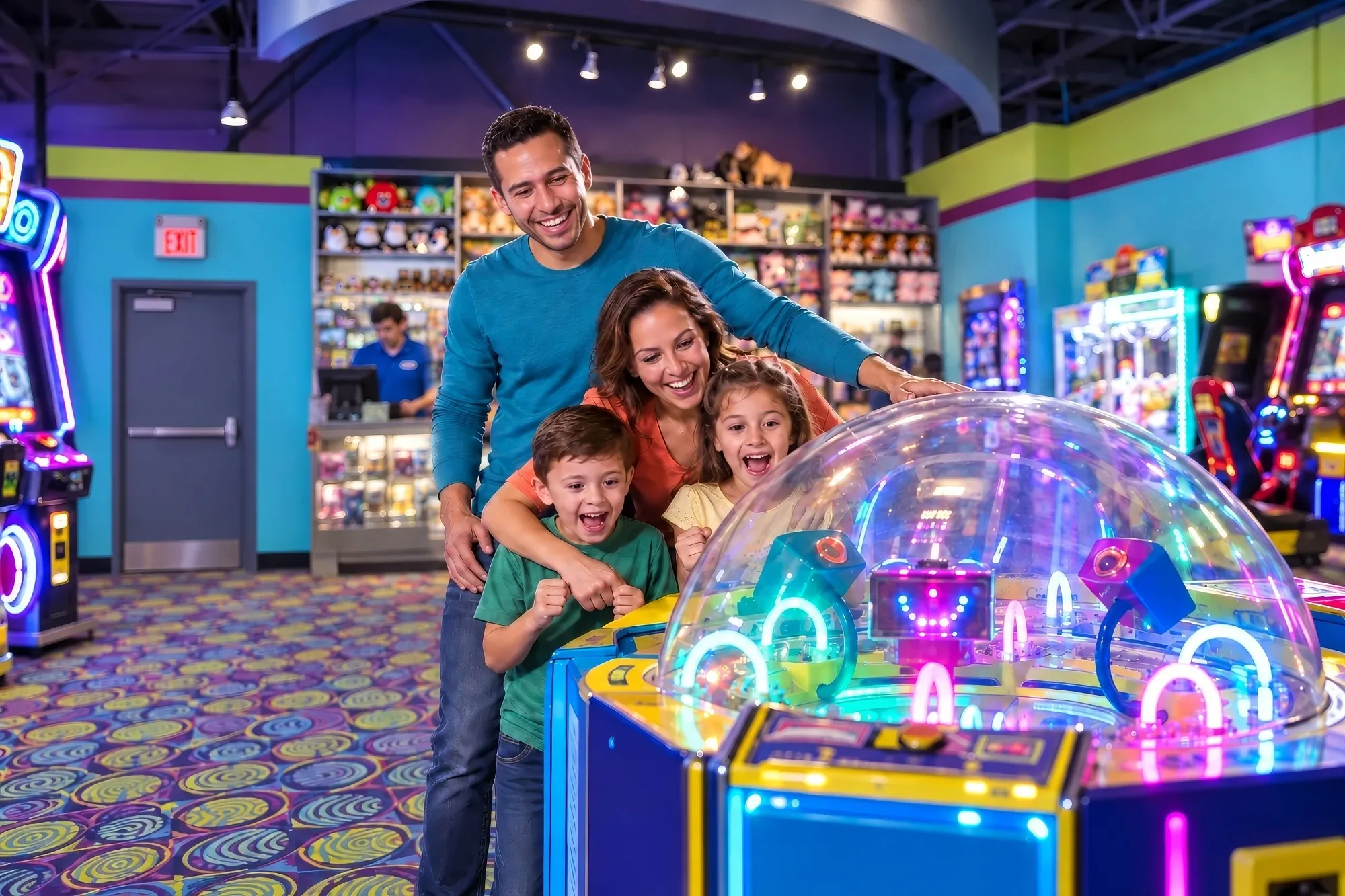 A family cheers as the kids play a glowing dome ticket game in front of the Cyber Quest Prize Zone