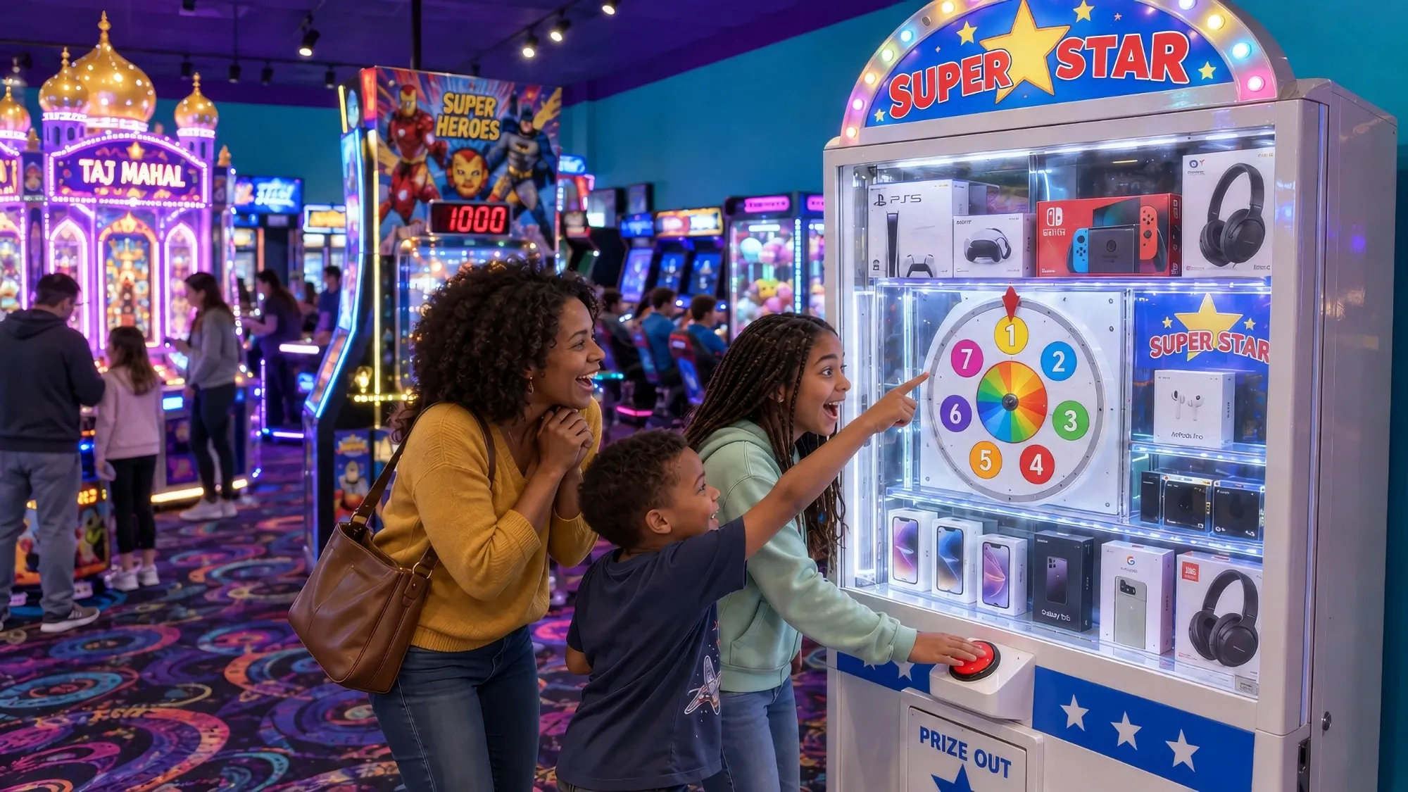 A girl presses the big button on the Super Star prize game while her mom and little brother cheer at Cyber Quest