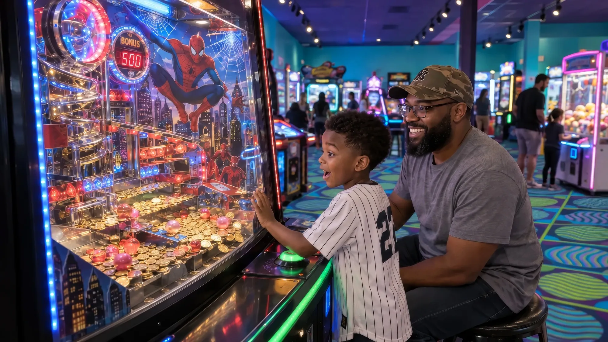 A boy watches tokens pile up on a superhero token pusher game while his dad smiles beside him at Cyber Quest