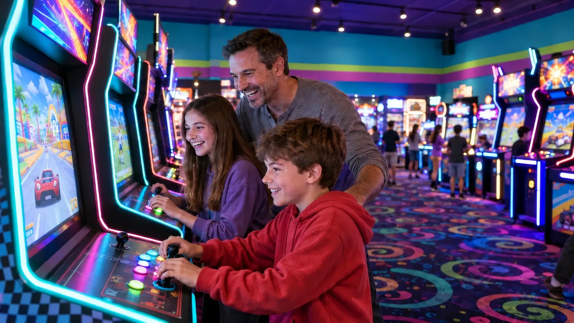 A dad cheers on his son and daughter as they play side-by-side arcade video games at Cyber Quest