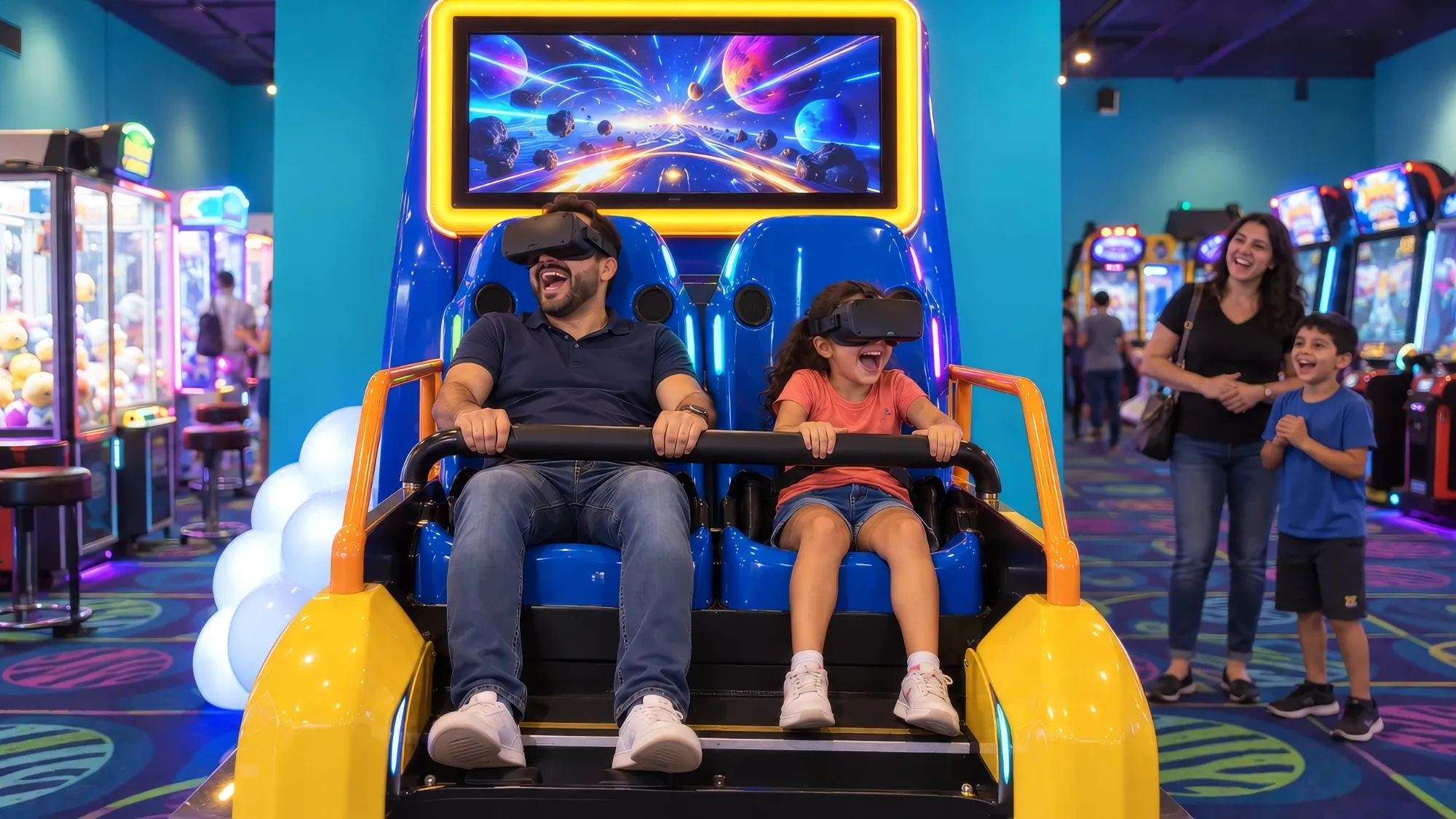 A dad and daughter in VR headsets scream with delight on a two-seat virtual reality ride as mom and brother laugh nearby at Cyber Quest