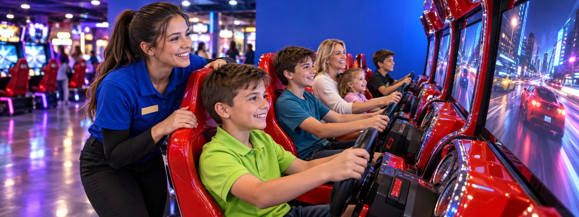 Kids racing side by side on driving games at Cyber Quest