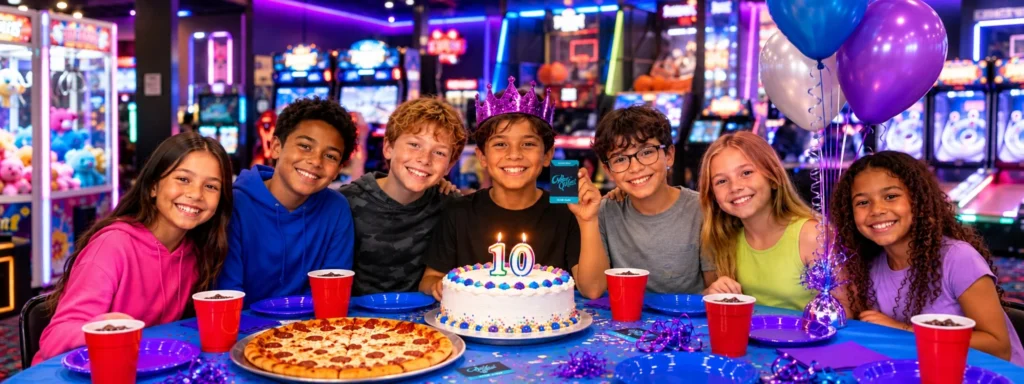 A birthday boy in a purple crown holds up his Cyber Quest Club Card behind his 10 cake as six friends smile around the party table at a Cyber Quest arcade party
