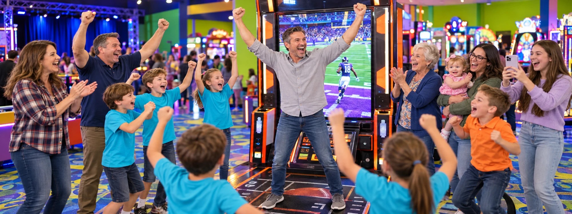 A dad throws his arms up after scoring on a football arcade game as a big group of kids, parents and a grandmother cheer him on at a Cyber Quest arcade