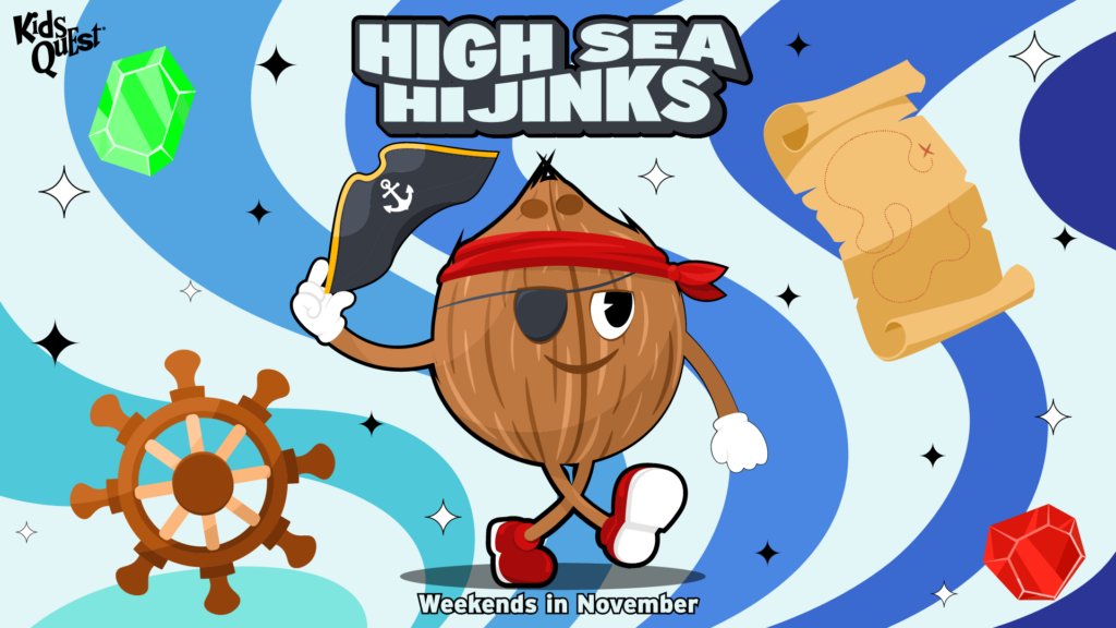 High Sea Hijinks at Kids Quest, weekends in November: a coconut pirate tipping his hat, with a ship wheel, treasure map and gems