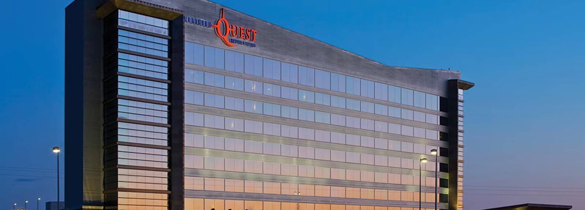 The Northern Quest Resort & Casino hotel tower in Airway Heights, Washington, glowing at dusk