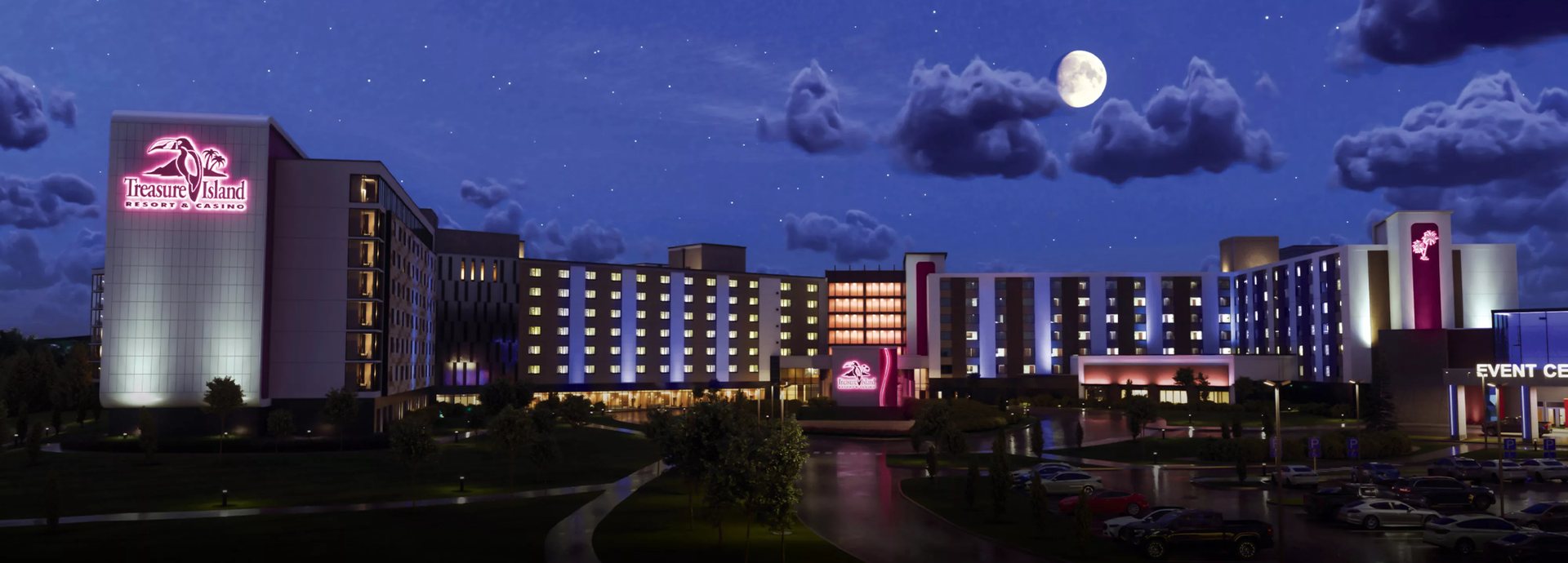 Treasure Island Resort & Casino in Welch, Minnesota, lit up at night under a full moon